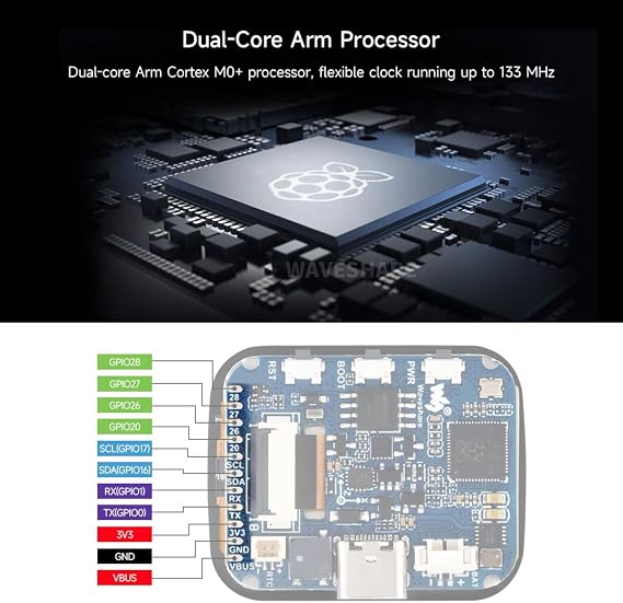 Waveshare RP2040 Microcontroller Development Board 1.69inch Touch LCD, Based on Raspberry Pi RP2040, Rounded Corners, Dual-core Arm Processor, 16MB Flash, Accelerometer and Gyroscope Sensor