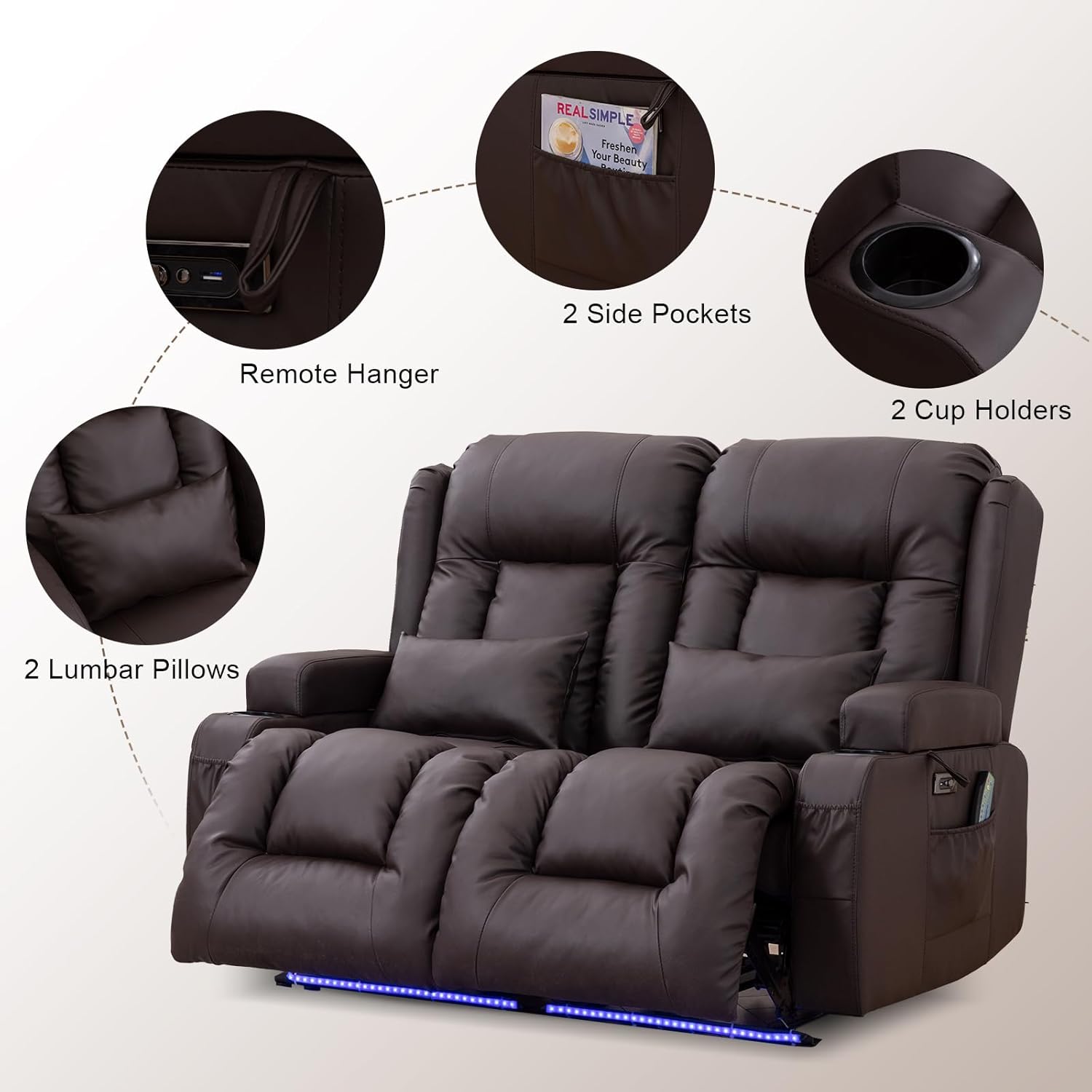 TUNYI Power Loveseat Recliner Sofa - Home Theater Seating with Massage & Heat Faux Leather RV Recliner Loveseat Sofa with USB/Cup Holder/Side Pocket/LED Light/Pillow (Brown)