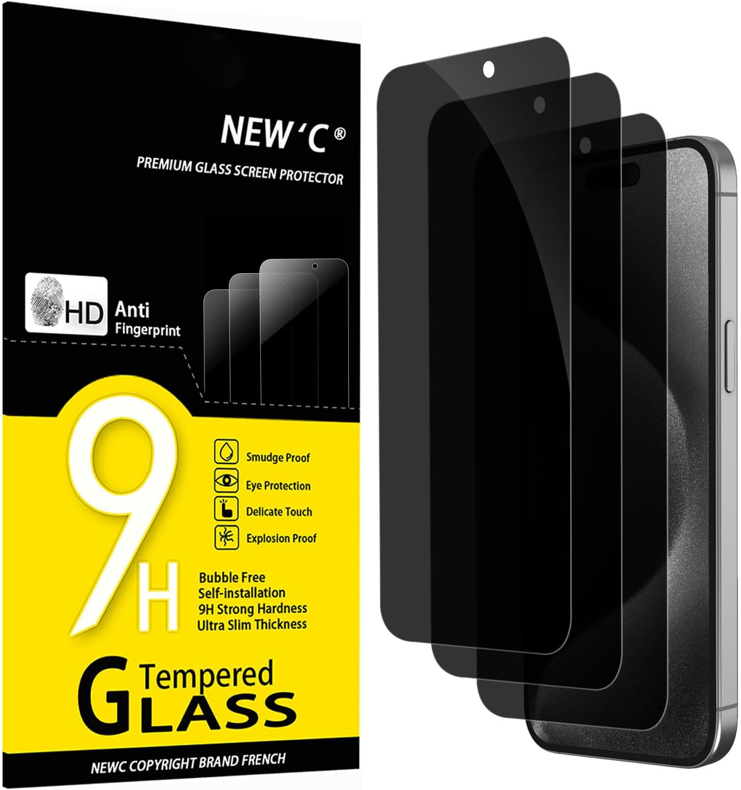 NEW'C 3 Pack Privacy for iPhone 15 Pro Max, iPhone 15 Plus Screen Protector (6.7"), Balanced 28-Degree Privacy Angle with Eye Protection, Ultra Durable 9H Hardness, Bubble-Free