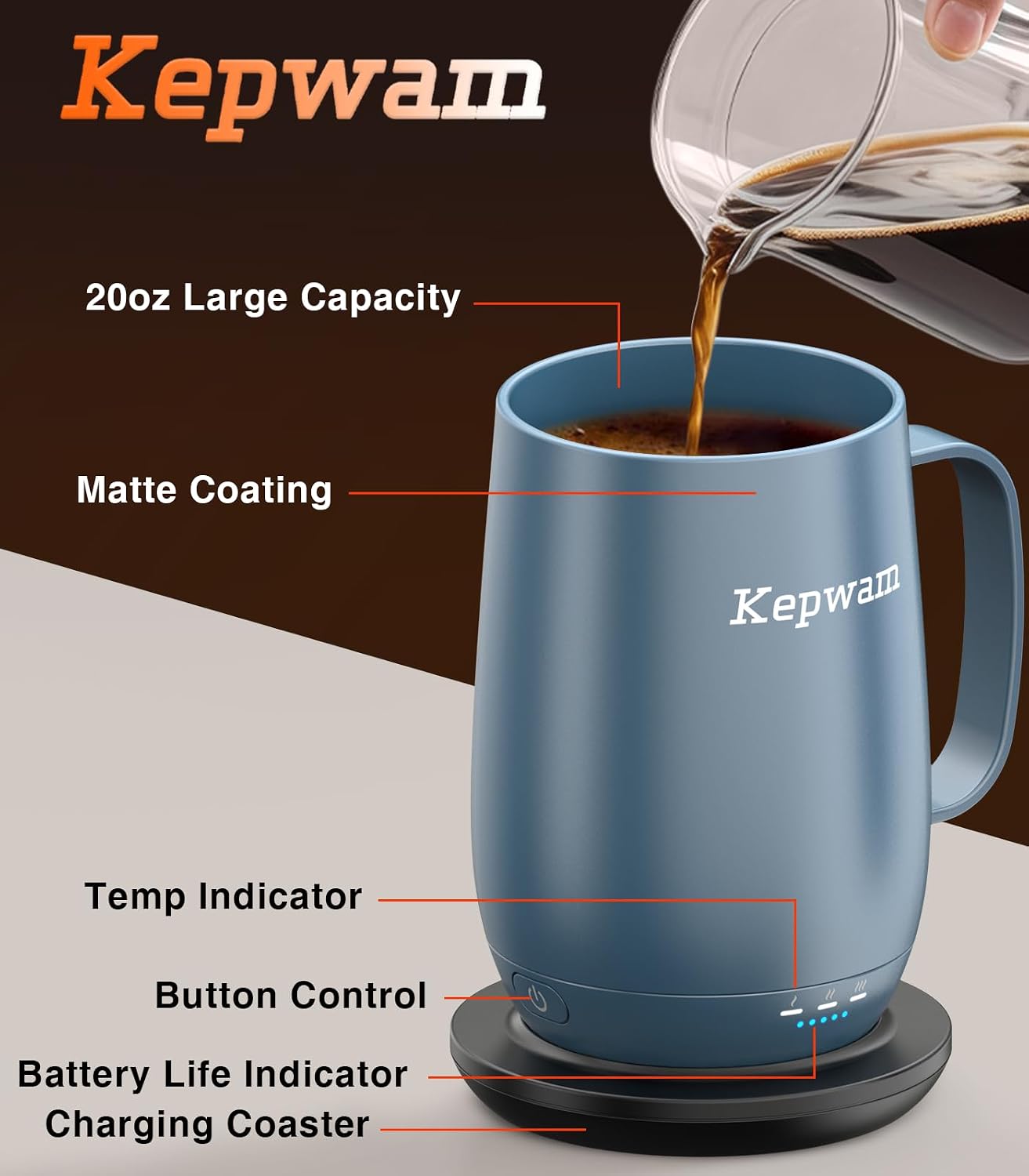 Kepwam Heated Coffee Mug T2-Plus, 20oz Large Capacity Longer Battery Life image 3