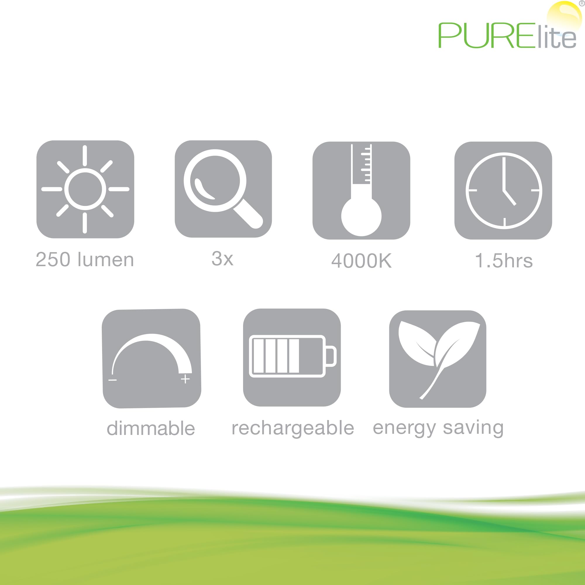 PURElite Ansteck-LED-Lupe – 3-fache Vergrößerung, wiederaufladbare flexible LED-Tischlampe, verstellbarer Hals und Klemme im Lieferumfang enthalten, natürliche Glühbirnen zum Lesen, Nähen,Basteln–Weiß
