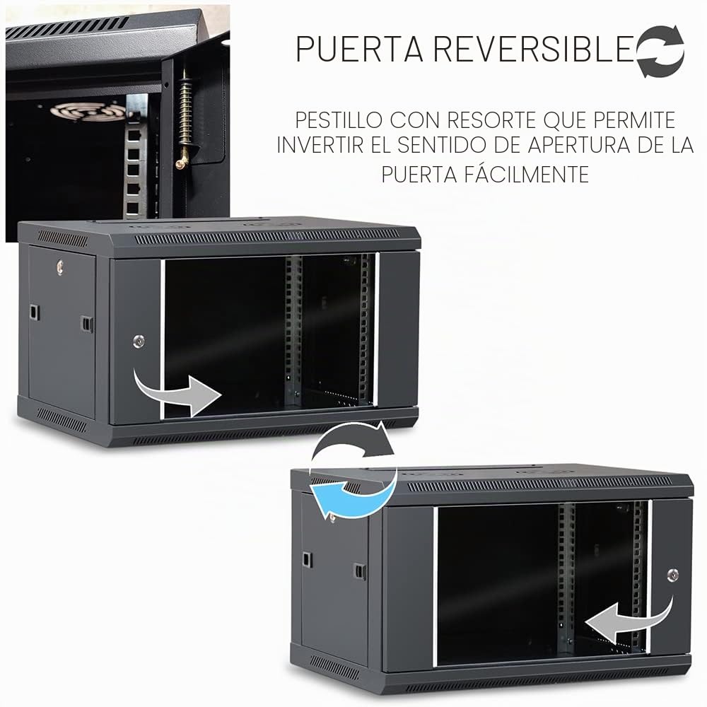 WAYTEX 37401 - Caja de Armario de Red de 19 Pulgadas, 6U – 600 x 450 x 368 mm – Montaje en Pared o Patas suministradas – Puerta de Cristal con Cerradura – Color Negro