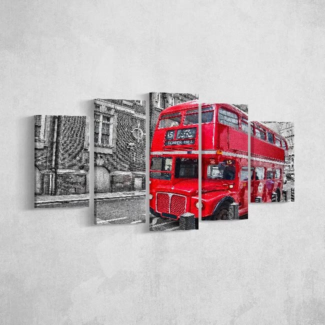 Tableau Bus multicolore en bois et toile polyester, déco murale paysage 5 pièces