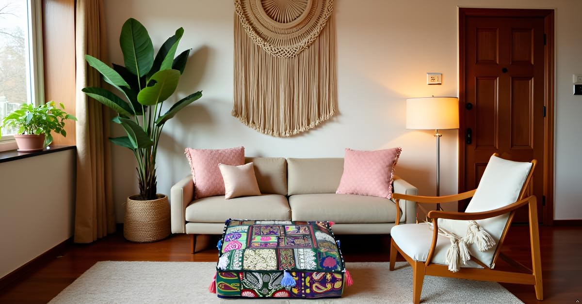 Bohemian Patchwork Pouf Cover 18 x 18 x 5 Inches Handmade Embroidered Ottoman Cover Square Floor Cushion Cover Decorative Footstool Cover Vintage Cotton Pouf Case for Living Room Bedroom (Light Green) image 2