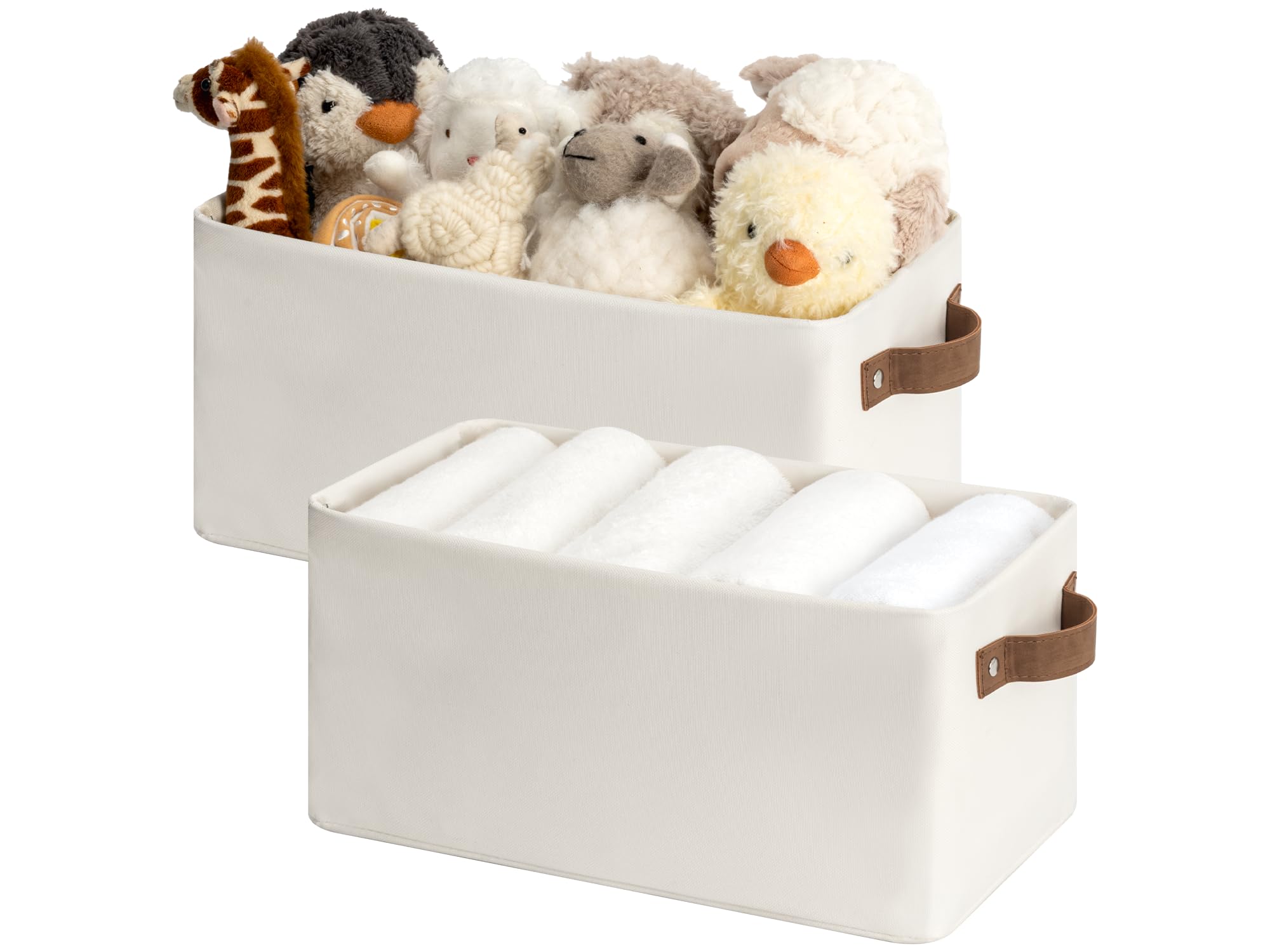 storageworks narrow storage bins, small basket for closet and shelves, rectangular fabric organizer with handles, toilet paper storage, beige, 2-pack