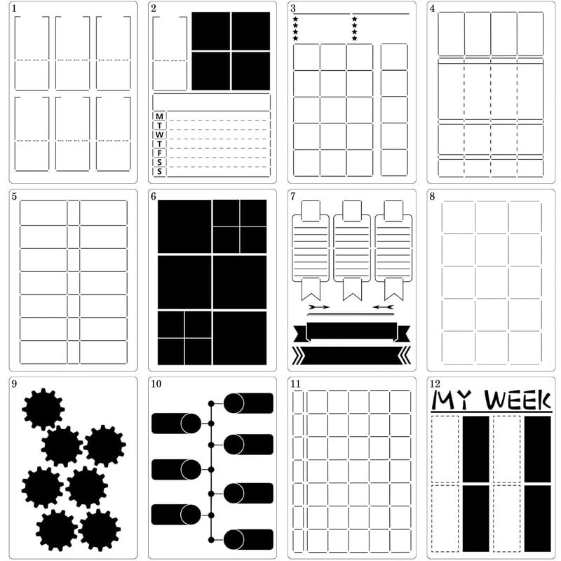 Devasya Crafts 12 Pieces Journal Stencils DIY Templates Planner Weekly Layouts Bullet Dot Grid Journal Stencils Plastic Planner Set for DIY Notebook Diary (B5)
