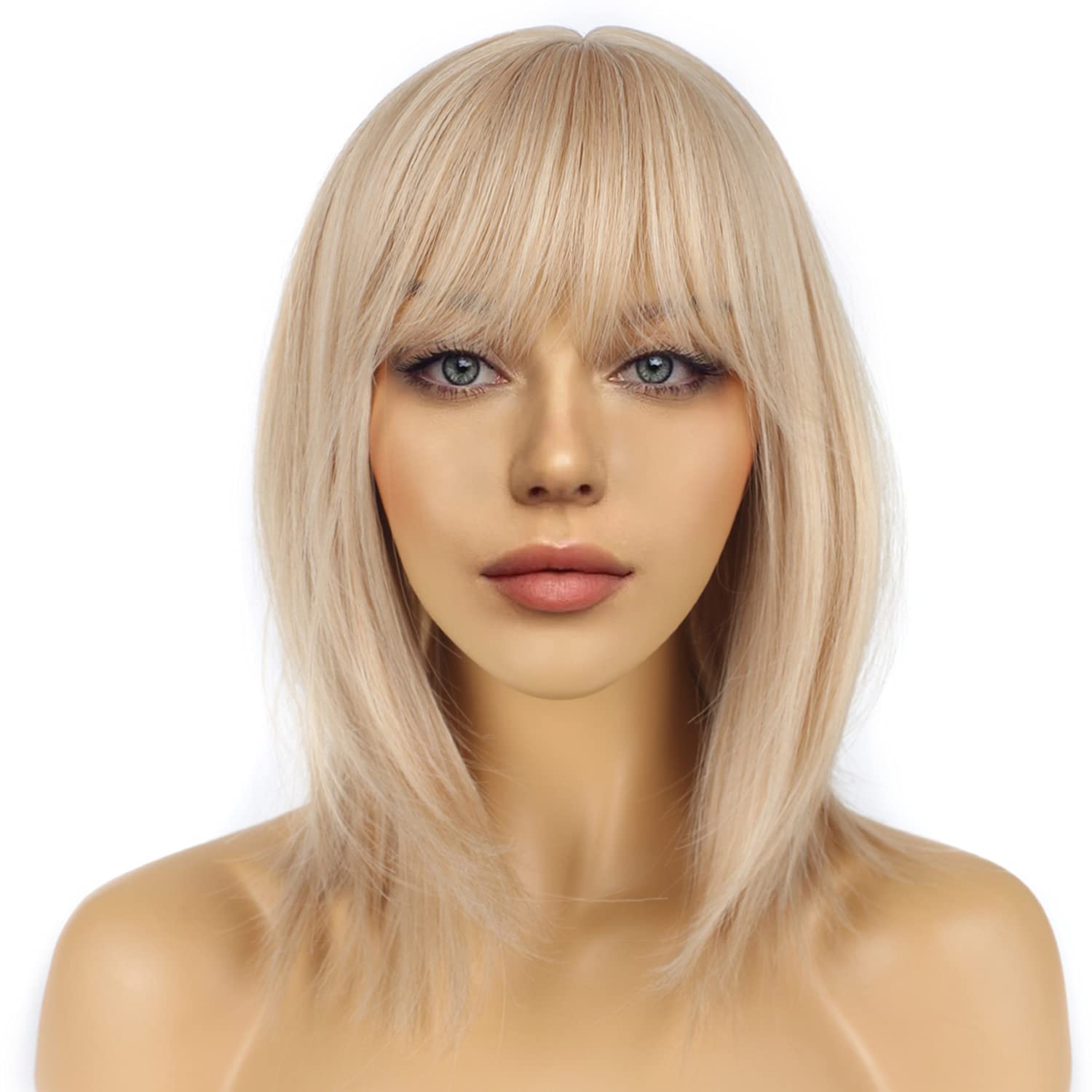 LANCAINI Blonde Wig 613 Bob Wigs for Women Bob Wigs with Bangs Straight Wig Heat Resistant Synthetic Wigs Middle Part Cosplay Costume Wig - Blonde