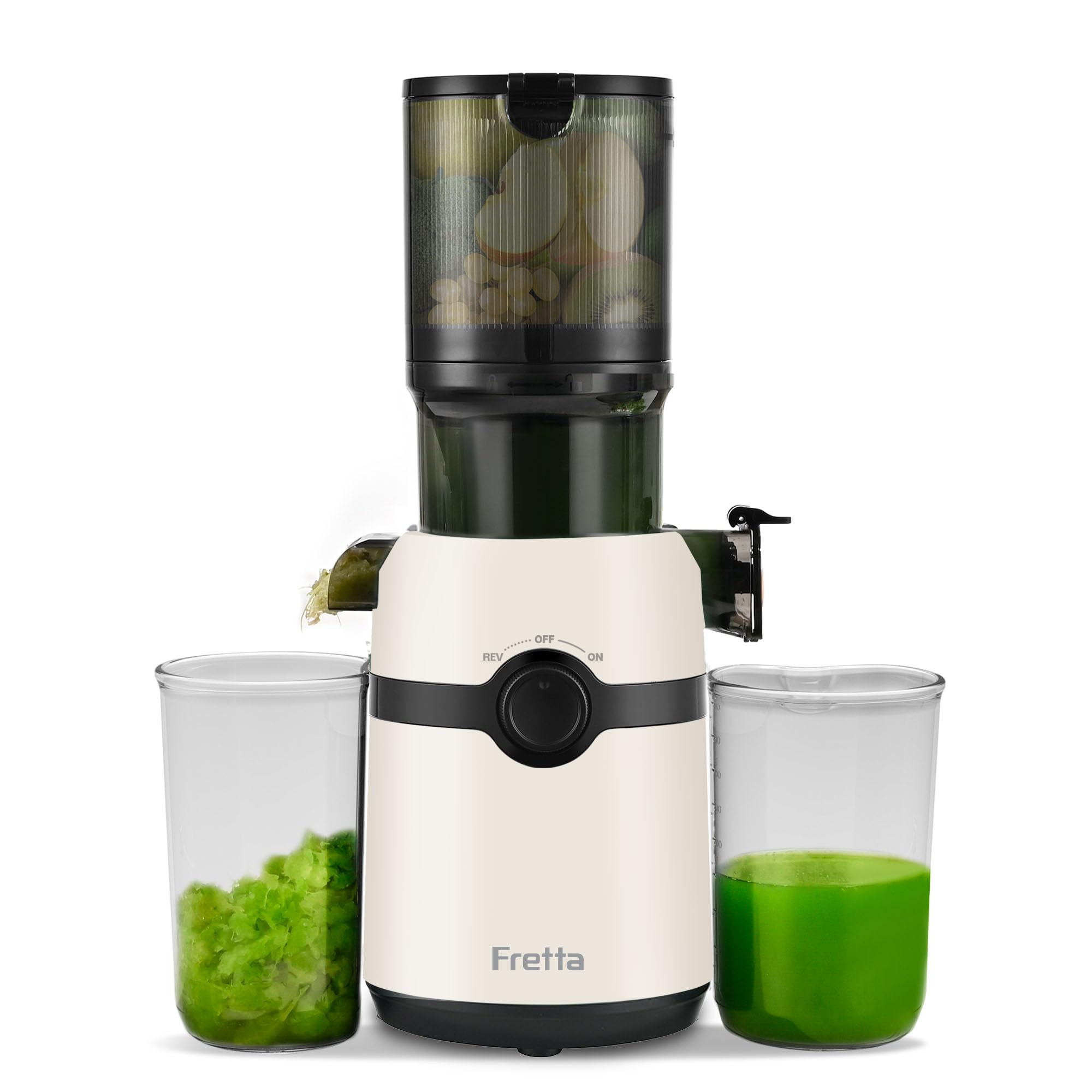 Photo 1 of Juicer Machines,Fretta Cold Press Juicer with Large Feed Chute,Fit Whole Fruits & Vegetables,High Juice Yield,BPA-Free,PCTG Material from US (Off White, 1.0 L)
