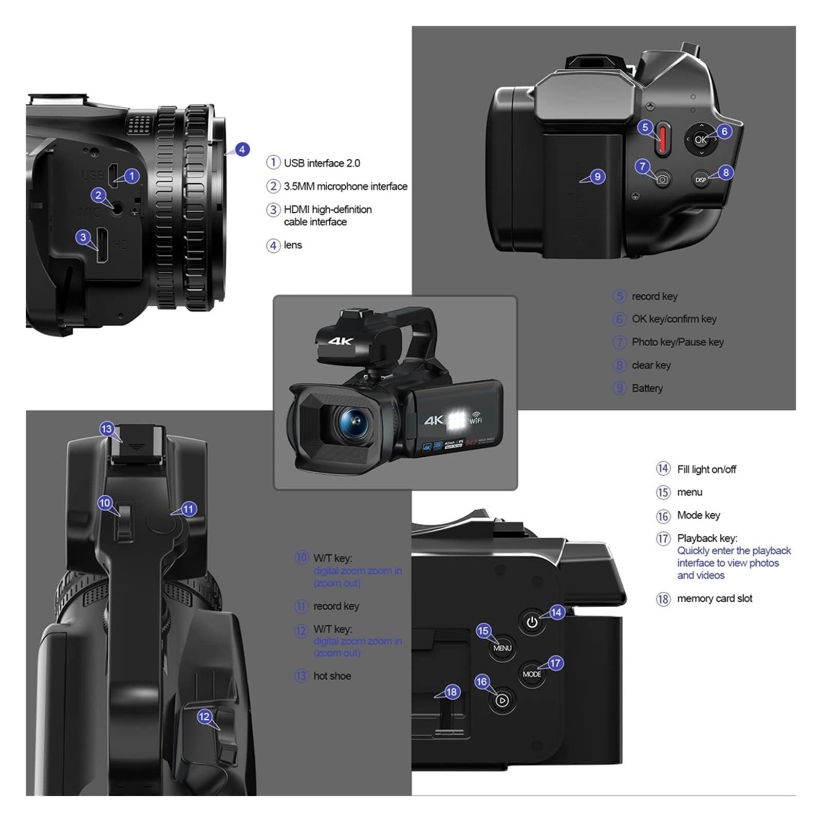 Rotation de l'écran Tactile 64MP Appareils Photo numériques Caméscope vidéo 4K Caméra de Diffusion Professionnelle Zoom 18X Blogger Enregistreur Vlog(NO SD Card,MIC and Light)