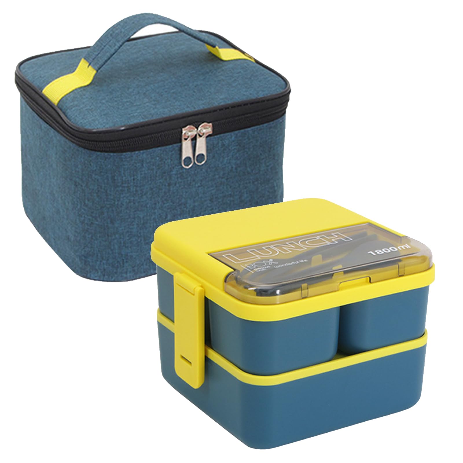XMSHYODSM Bento Lunch Box with Compartments, 1800ML Bento Box with Insulated Bag & Cutlery, 2 Layer Leak Proof Bentos Boxs Meal Prep Container Boxs for Kids Adults School Office Picnic(Blue)