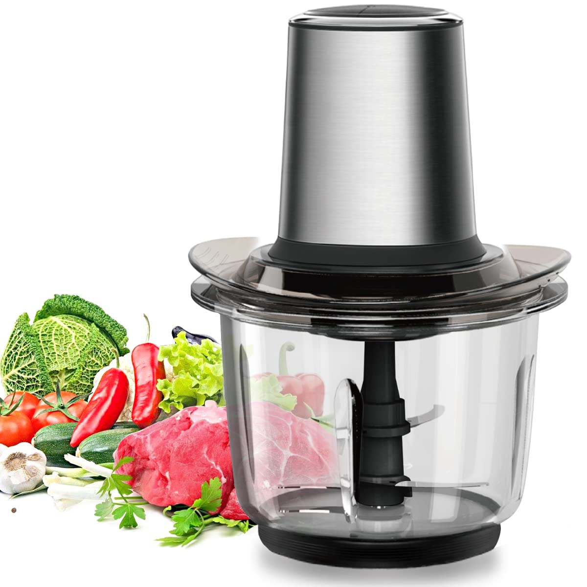Tritatutto da Cucina Elettrico 400W, Mini Robot da Cucina con Ciotola in Vetro da 1.5L, Frullatore Tritatutto Multifunzione con 4 Lame Affilate per Carne Verdure Frutta, 2 Velocità