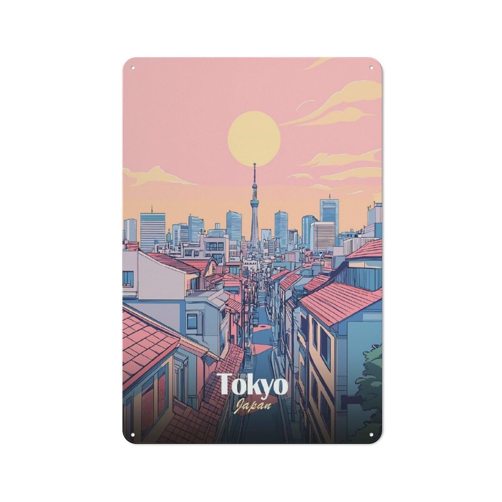 Junmoney Style-20 Tokyo Skyline Illustration Everyday Metal Wall Decor 30X20cm, Vintage Metal Sign For Hallway, Home Bar, Garage Or Study