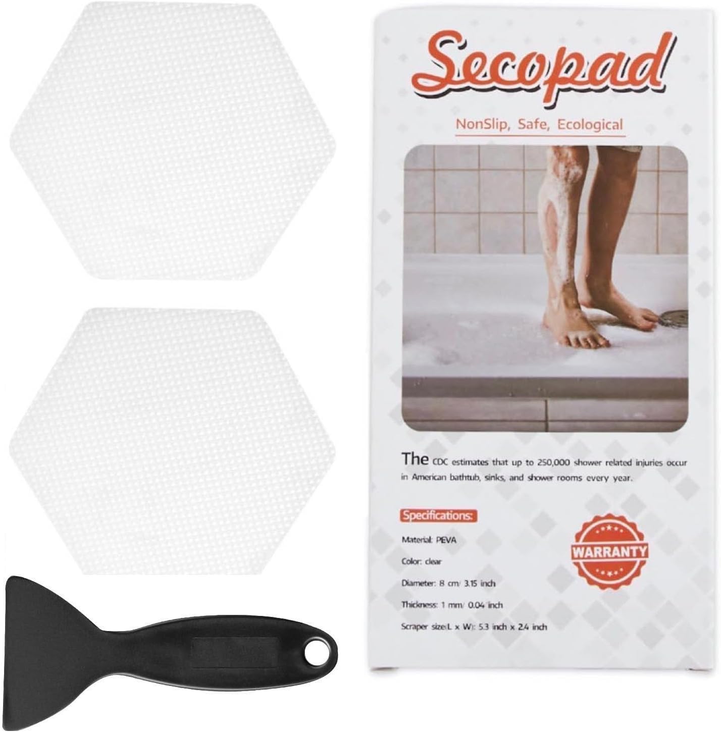 Original Bathtub Stickers Non-Slip, Hexagon Safety Shower Treads Adhesive Appliques with Premium Scraper