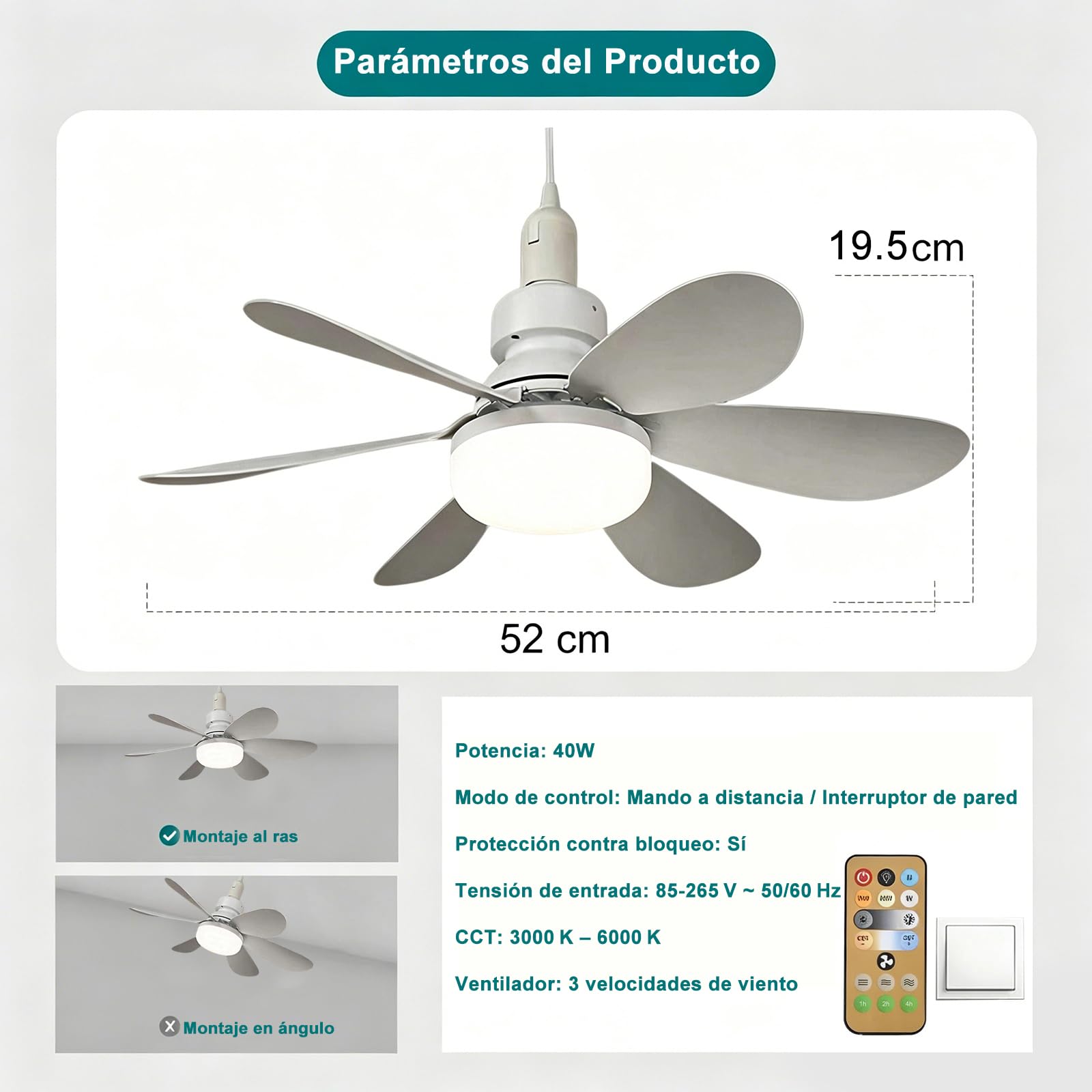 40W Regulable Ventilador de Techo, Lampara Ventilador 52 cm de 3 Modos