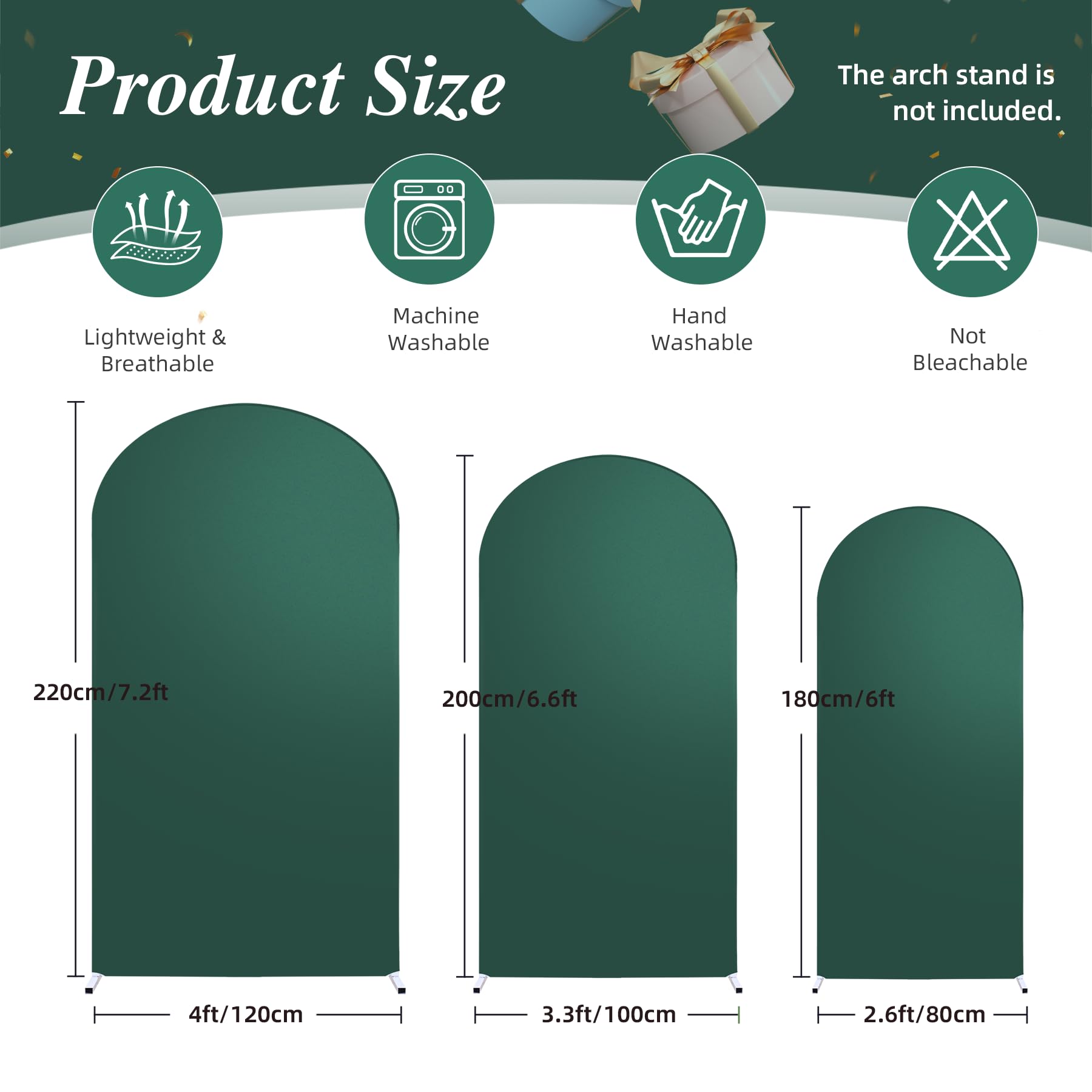 Lot de 3 housses d'arche de mariage vertes (2,3 m, 2 m, 1,8 m) - Toile de fond extensible en élasthanne pour fête d'anniversaire, fête prénatale, décoration d'arche de mariage