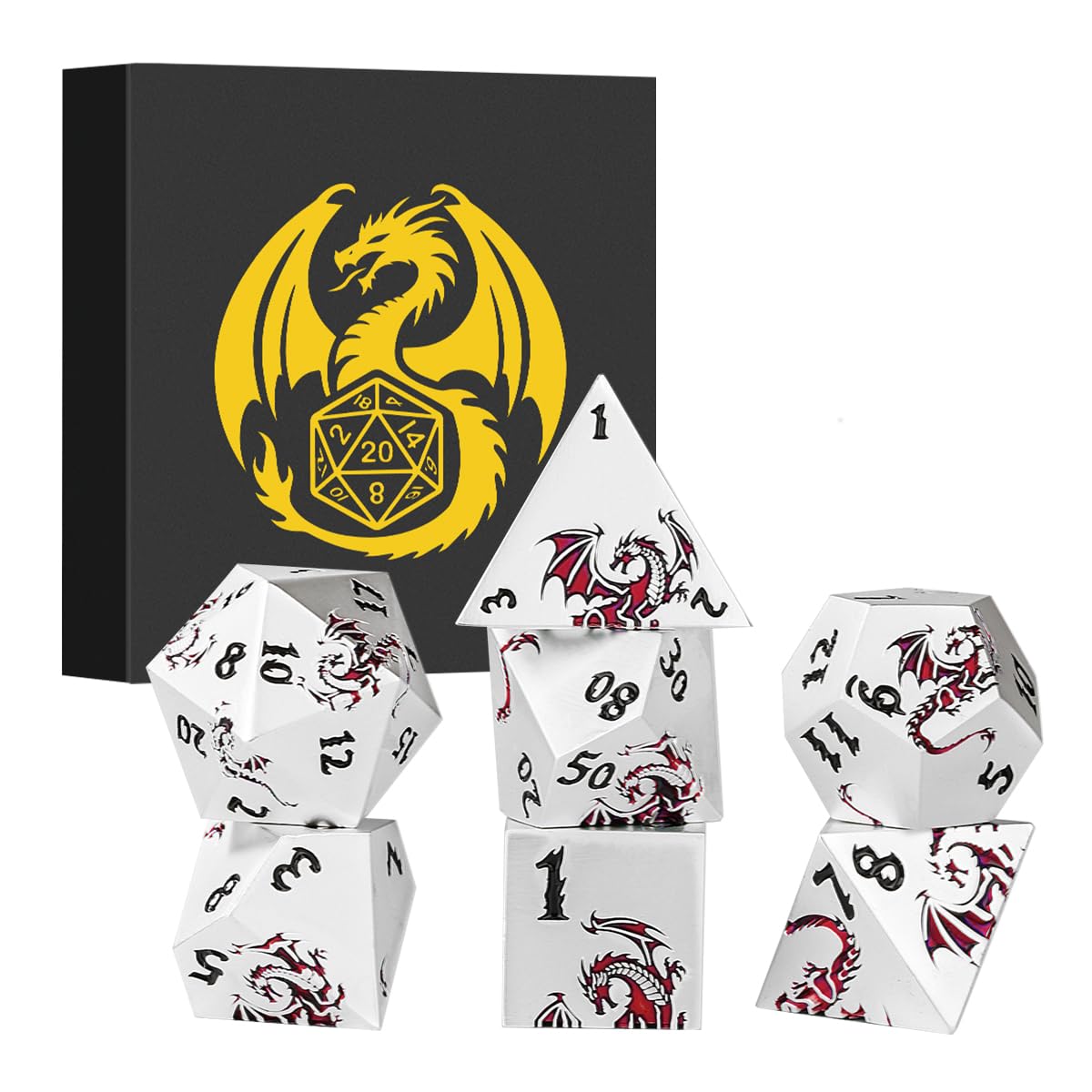 Metal Dice Set, Flat Face White Red Dragon Pattern, 7pcs Polyhedral Metal DND Dice Set, DND Starter Set, D&D Gifts with Gift Box, Role Playing Board Games Accessories, White
