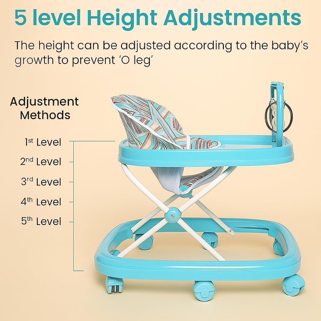 Blushbaby 360° Baby Walker for 6-18 Months | 5-Height Adjustable Activity Walker with Cushioned Seat, Meal Tray & Toy Bar | Foldable & Lightweight Walker for Boys & Girls (Sky Blue) 2