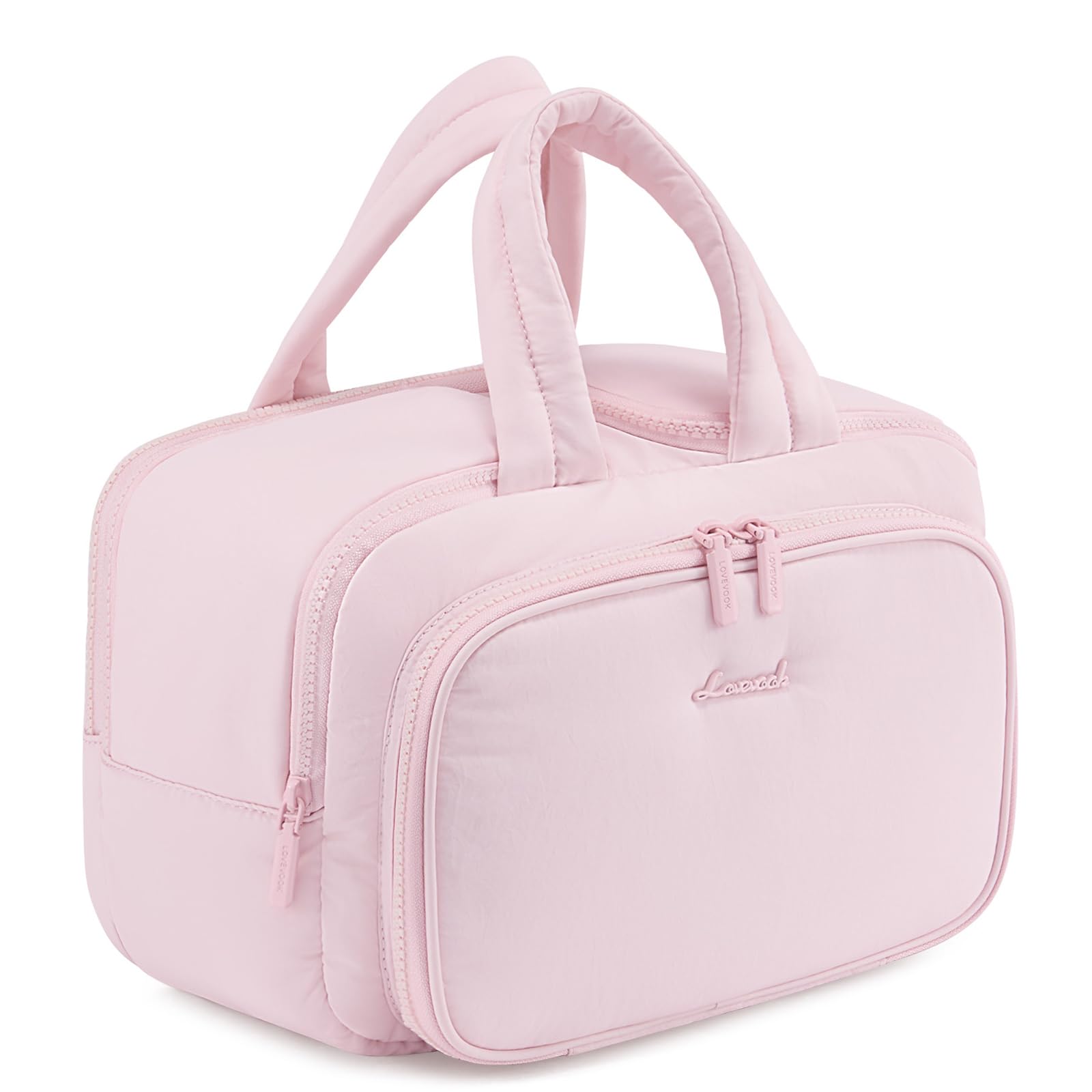 LOVEVOOK Kulturtasche Damen Gross, Leichte Reise Kosmetiktasche Weit Offene Kulturbeutel mit Nassfach, wasserdichte Waschtasche Make up Tasche Schminktasch mit Griff für Reisen Urlaub, Rosa