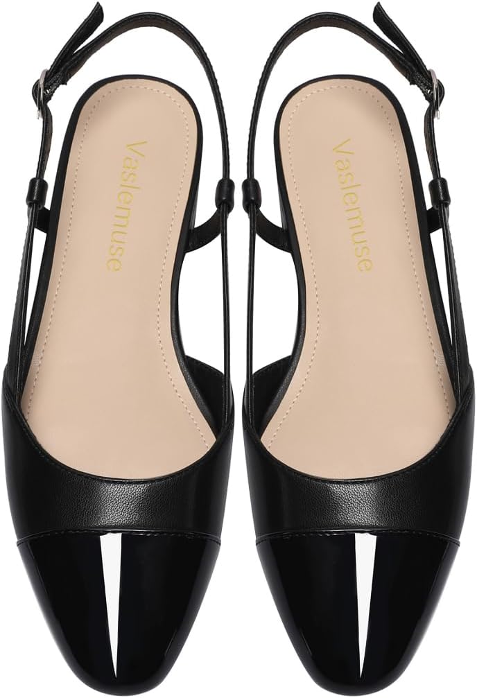 Slingback Flats for Women Two Toned Double Strap Block Low Heel Flats Classic Womens Sandals Comfortable Dressy - Image 5