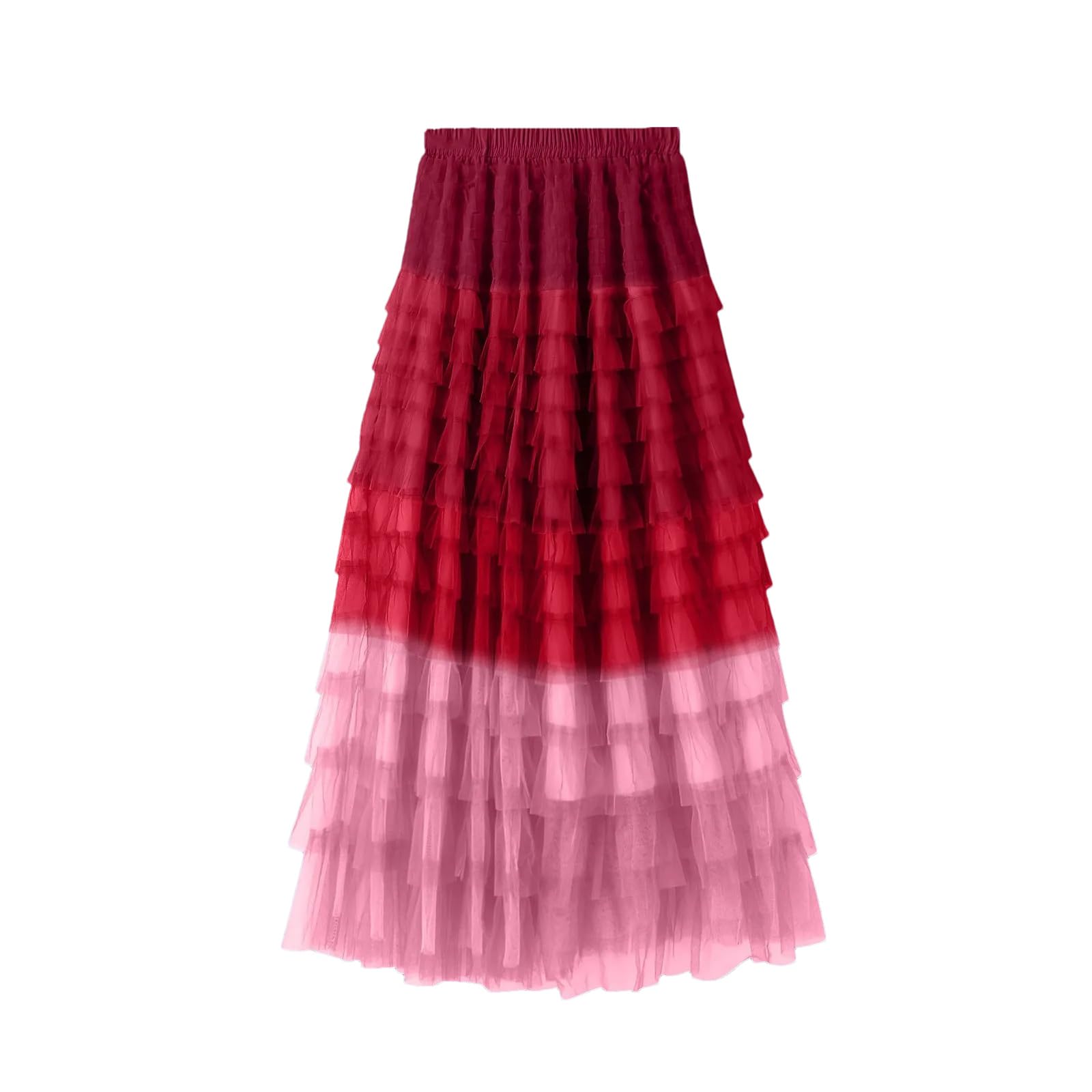 Womens Color-Block Ruffled Skirt Contrast Mesh Spliced Maxi