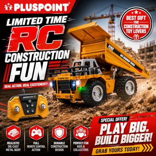 Image of PLUSPOINT Mini RC Dumper Truck for Kids - 1:64 Scale Die-Cast Metal Construction Vehicle with Remote Control, Realistic Simulation Styling & Durable Rubber Tires