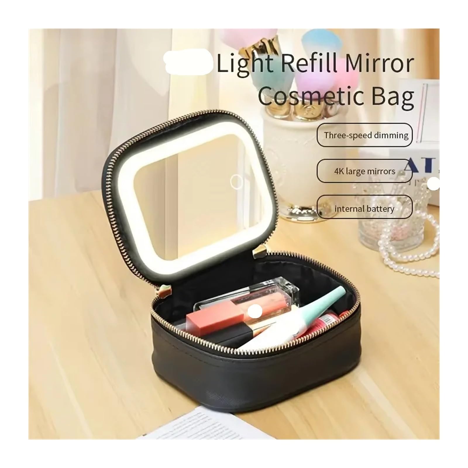 Bolsa Maquillaje Mini Neceser de Maquillaje con Espejo, pequeño Organizador de cosméticos de Viaje, 3 Luces de Brillo Ajustable, artículos de tocador de Tren portátil