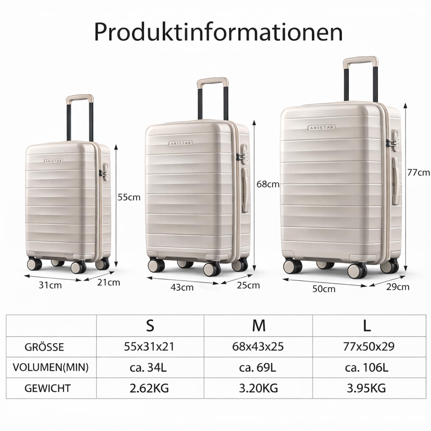 Mariner Handgepäck Koffer 55x31x21cm Hartschalenkoffer PP Leicht Trolleys 4 Rollen Zahlenschloss Dünengrau