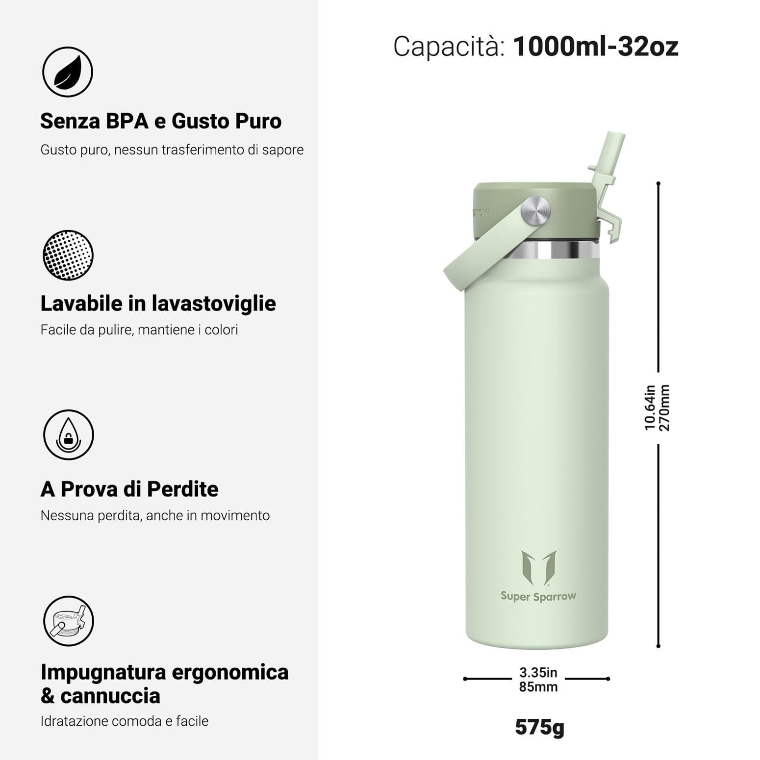 Super Sparrow Borraccia Termica - 500ml/750ml/1L/1.2L - SwivelSip Bottiglia Acciaio Inox - Senza BPA Borracce Termiche, Borraccia con Cannuccia Ergonomica per Scuola, Sportiva, Campeggio, Palestra