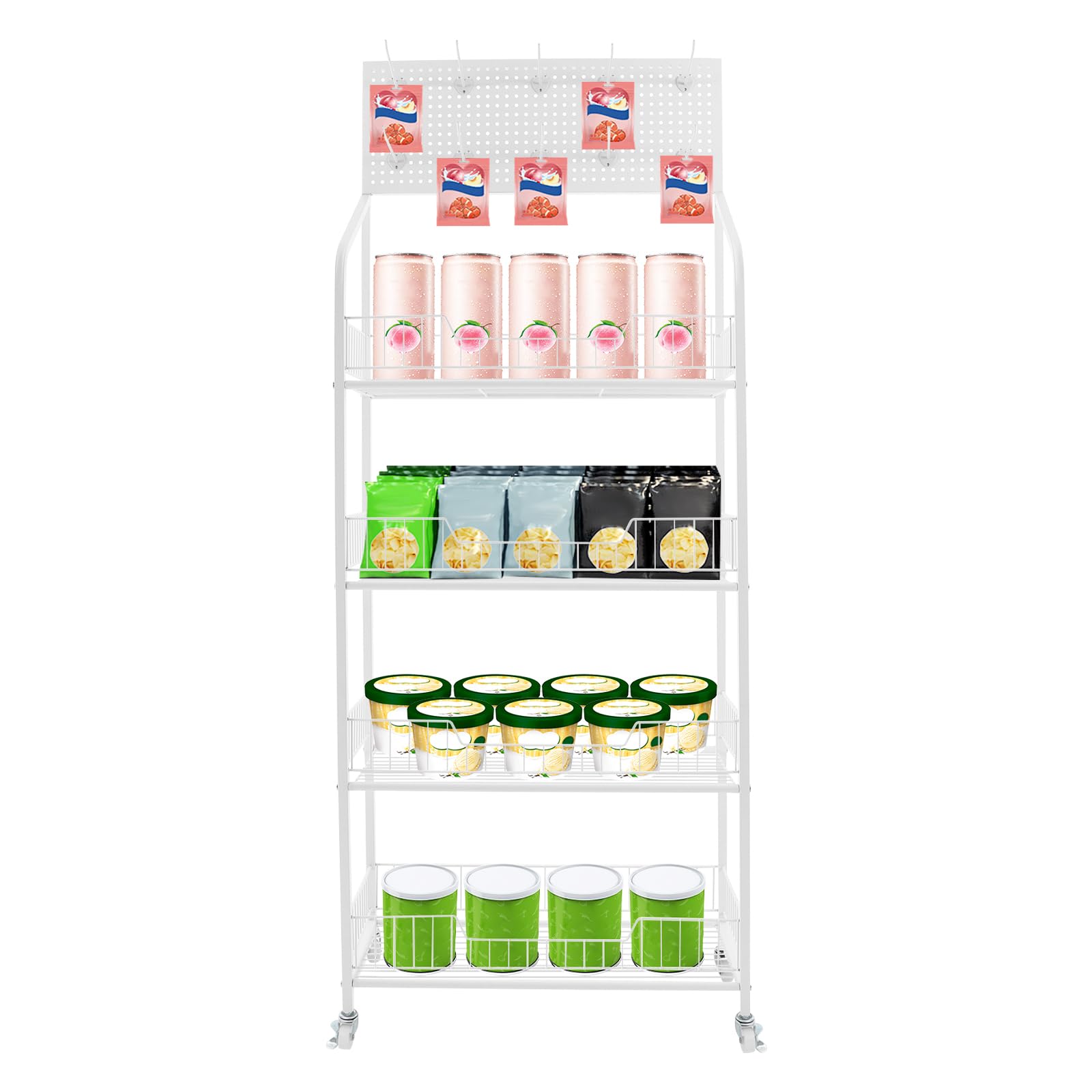 fagauhds Retail Snack Display Stand, 4 Tier Snack Candy Potato Chip Display Rack Stand with Wheels & 10 Hooks, Snack Organizer Concession Stand Display Supplies,White