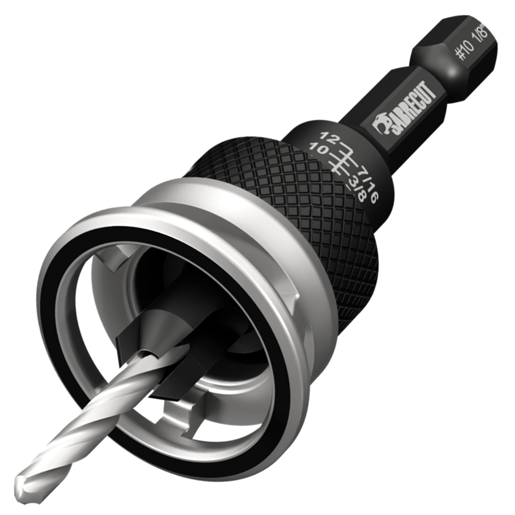 1 x SabreCut SCRCS10 - #10 TCT Countersink Adjustable Depth Stop Drill Bit - 3/8" Countersink, 3.25mm (1/8") HSS Drill Bit, Easy Spin Collar, 1/4" Hex Shank for Wood, Cement Sheet, Plastic & Abrasives