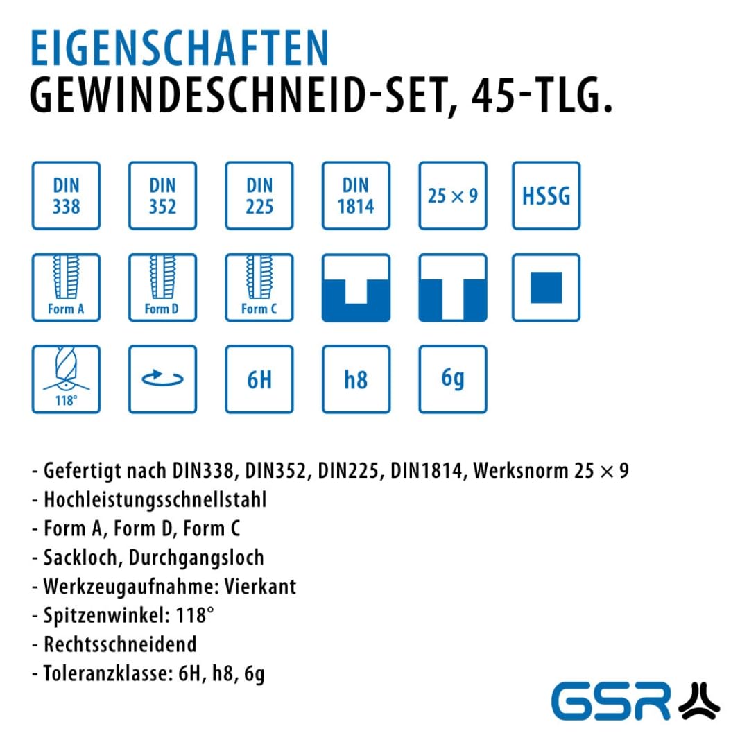 GSR Gustav Stursberg - Set professionale di filettature metriche da M3 a M12 HSSG, per filettatura a mano, per filettatura esterna e filettatura interna, 45 pezzi