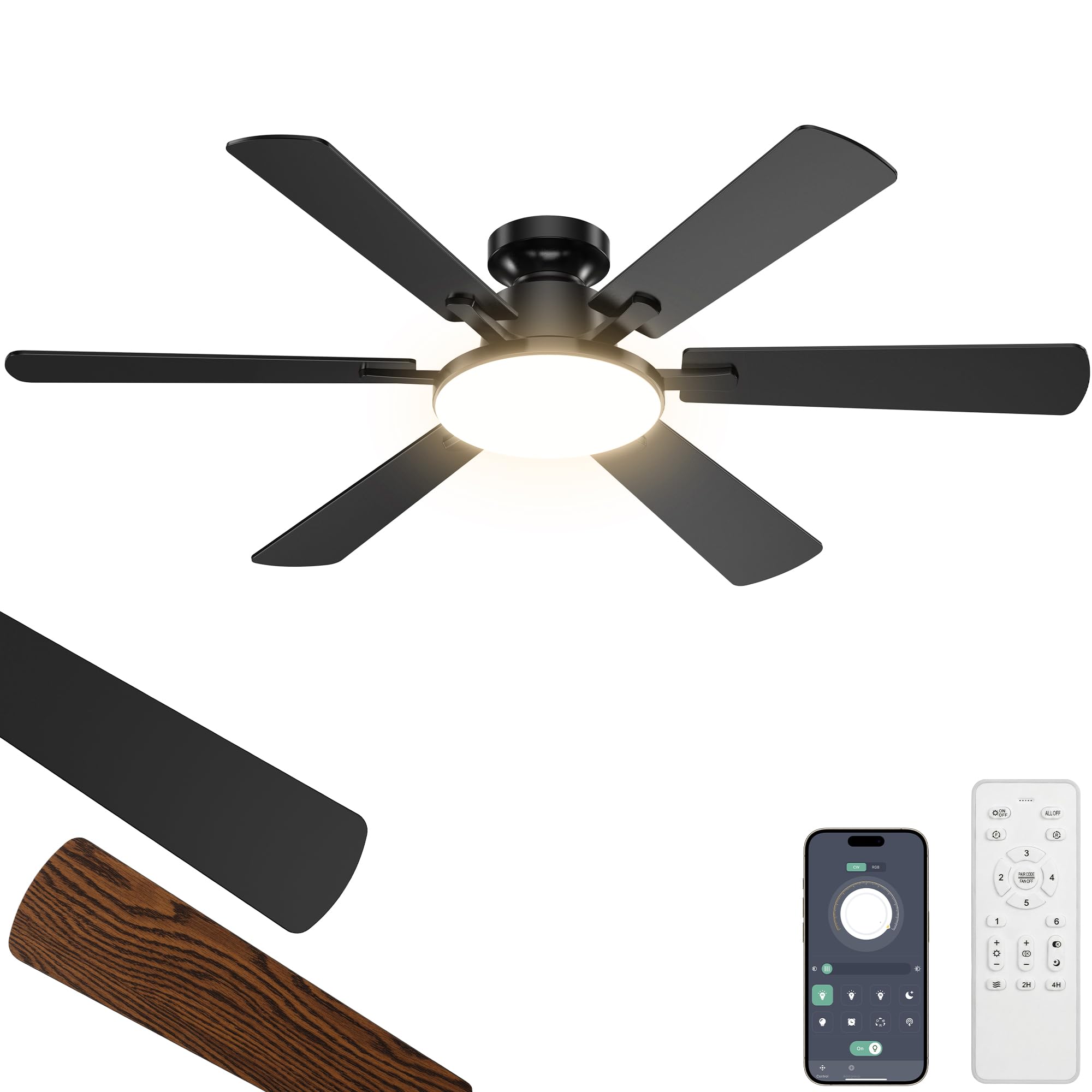 ROTTOGOON Deckenventilator mit Beleuchtung 132cm Leise Reversible DC Motor | Deckenventilator mit licht und fernbedienung, 6 Flügel 6 Gänge, 3CCT, Doppelseitige Flügel für Schlafzimmer Wohnzimmer