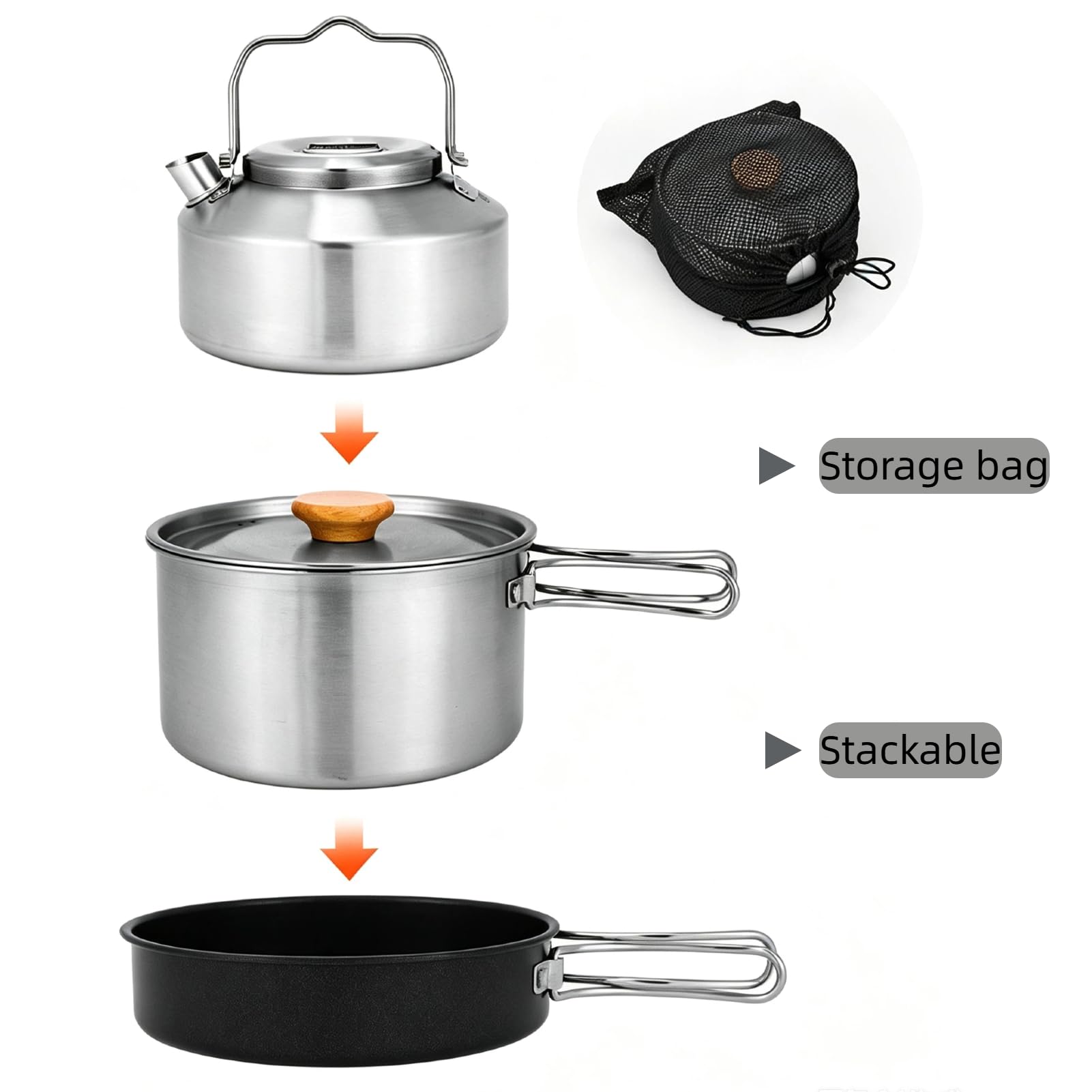 Kit de Casseroles Camping, Poêlé, Bouilloire, Casserole en Acier Inoxydable | cuisine, casseroles de casserole de randonnée pliable, mess de poêle portable léger compact, randonnée, Pique-niques, pêche