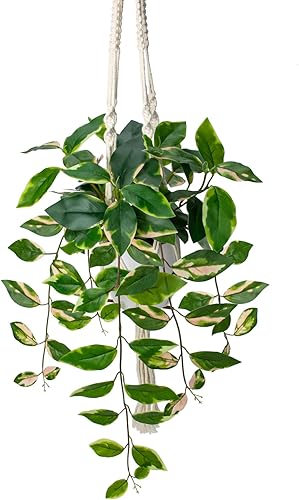 Briful Planta colgante artificial de interior, colgador de plantas de macramé con planta de potos falsos en maceta blanca, planta colgante de