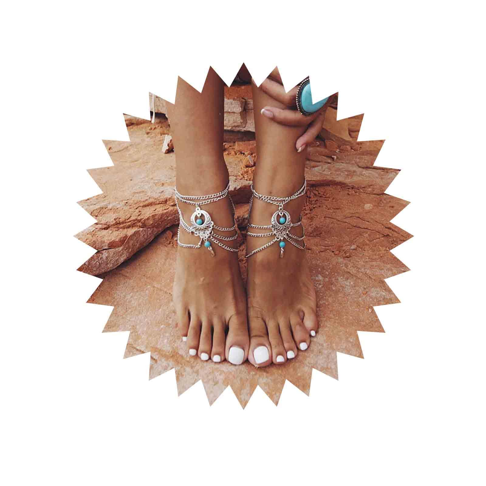 Wendalern Bracelet De Cheville Boho Bleu Ovale Turquoise Chaîne De Cheville Or Bracelet De Cheville Plage Sandales Pieds Nus Bijoux De Pied Pour Femmes Adolescentes