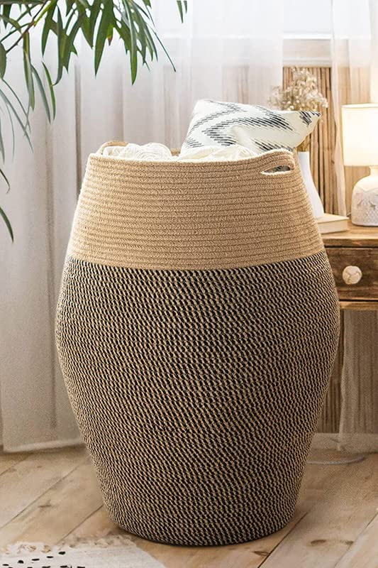 Image of GRATIFY Tall Laundry Hamper | Woven Jute Rope Dirty Clothes Hamper Modern Hamper Basket Large in Laundry Room, (Mix Dark Brown 18x 16 Inch)