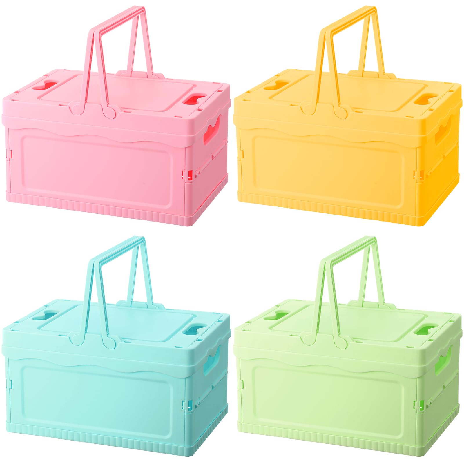 4 cajas de almacenamiento plegables con tapas, cestas de plástico plegables apilables de plástico para el hogar, cocina, oficina, baño, dormitorio, picnic (rosa, verde, azul, amarillo)