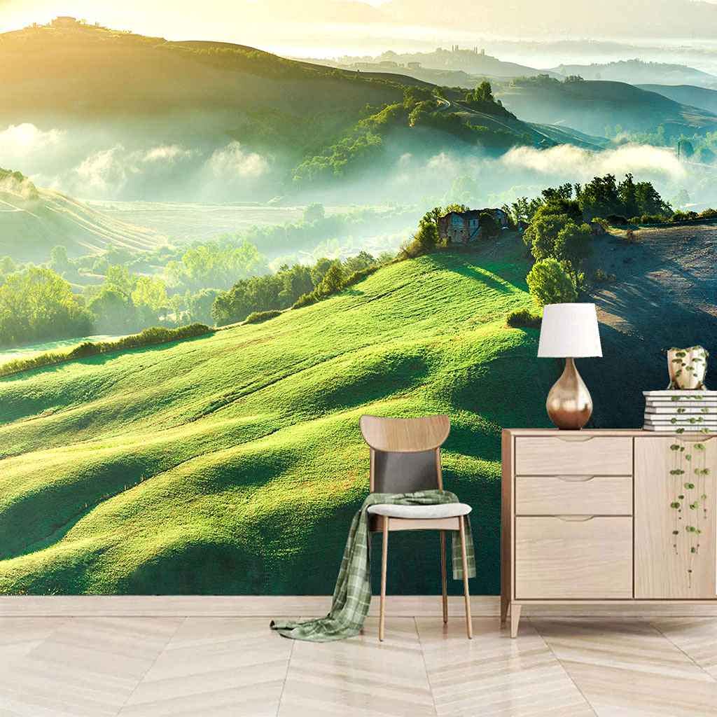 Papier peint salon TV paysage vert 3D pour une ambiance nature dans la chambre
