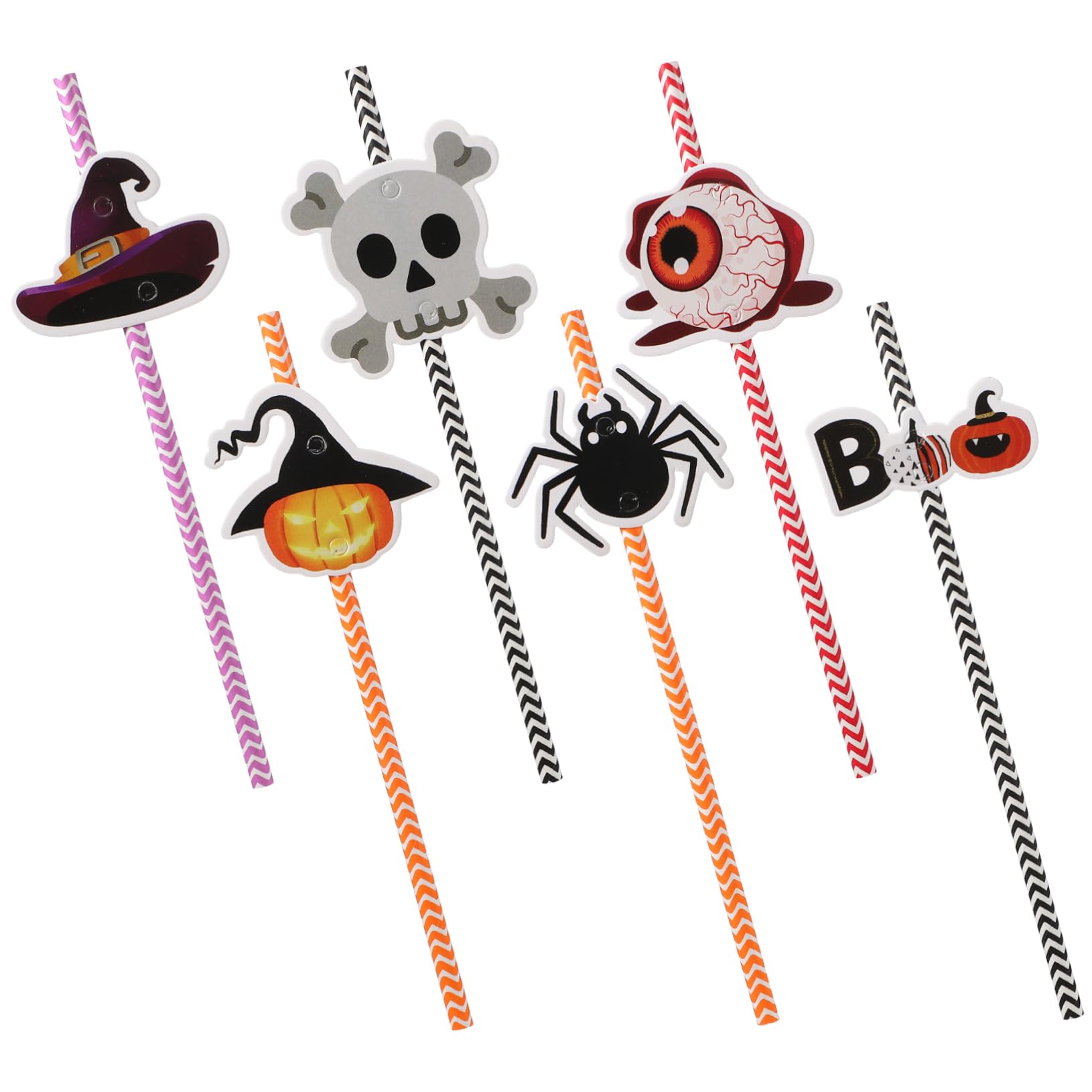 COLLBATH 6 Confezioni Cannucce di Halloween Stampa Colorata Righe Cannucce di Carta per Feste Elementi di Halloween come Ragni Teschi Bulbi Oculari Luci di Zucca e Cappelli da Strega