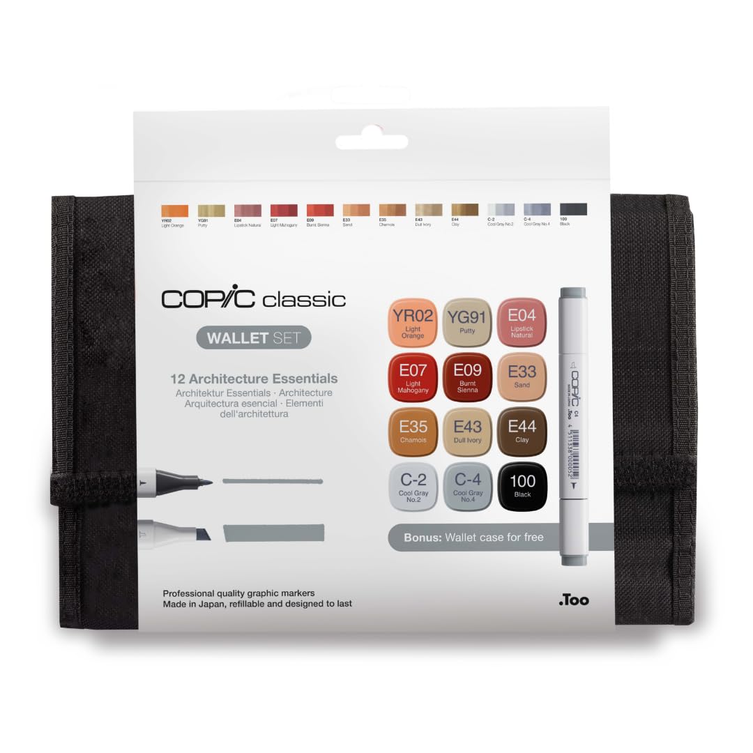 COPIC Classic Set «Couleurs Architecture», Juego de 12 piezas en estuche, Rotulador doble con punta media y fina