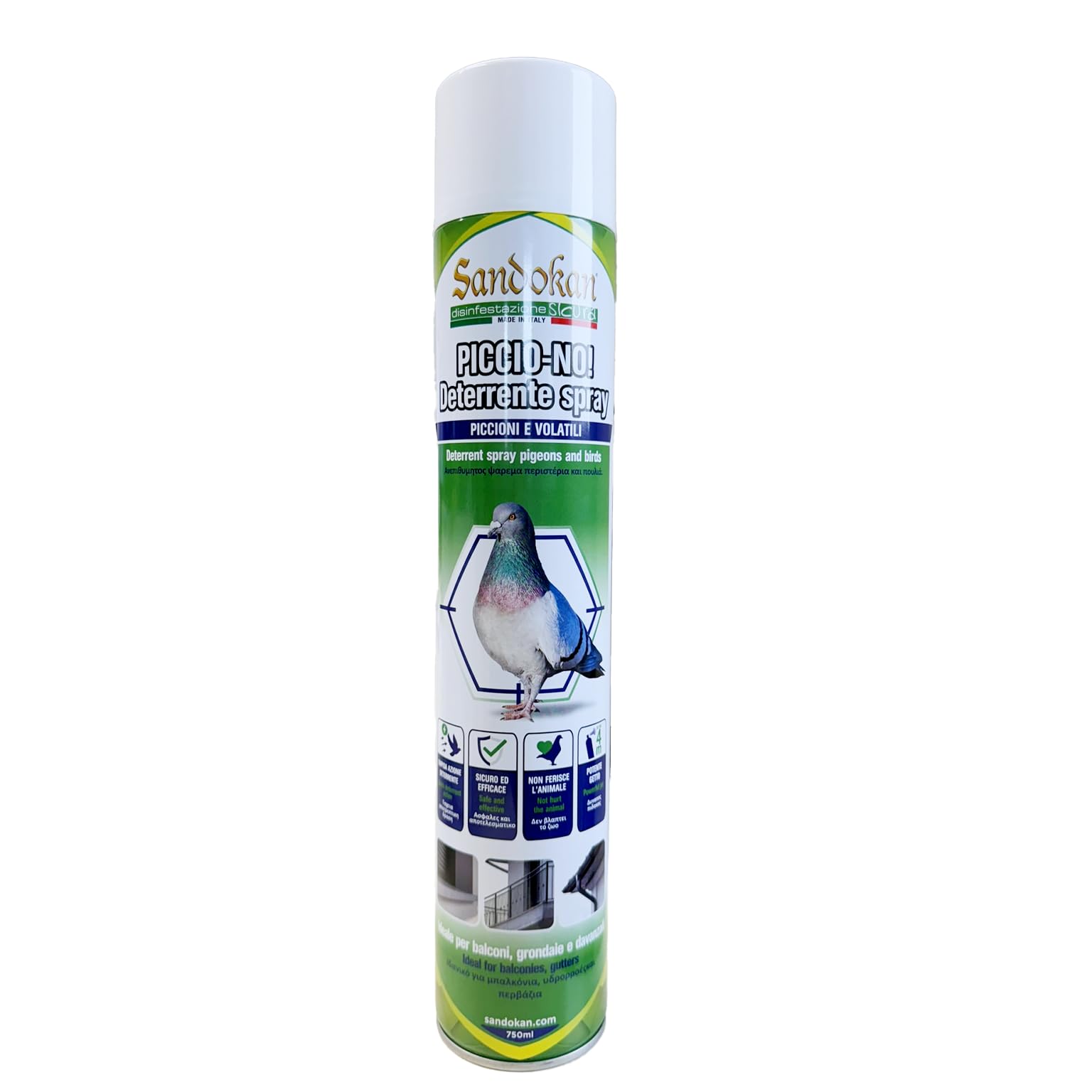 Sandokan, Piccio-​NO! Spray Repellente Piccioni 750ml, Dissuasore Naturale Allontana Volatili con Getto 4 Metri, Disabituante Anti Piccioni per Balconi Grondaie e Tetti Non Tossico, Made in Italy