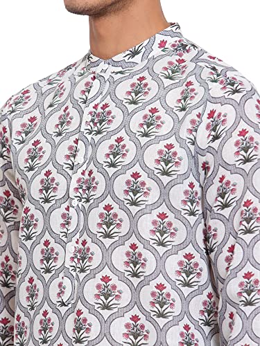 Image of Style Quotient Men Off White Floral Printed Thread Work Kurta