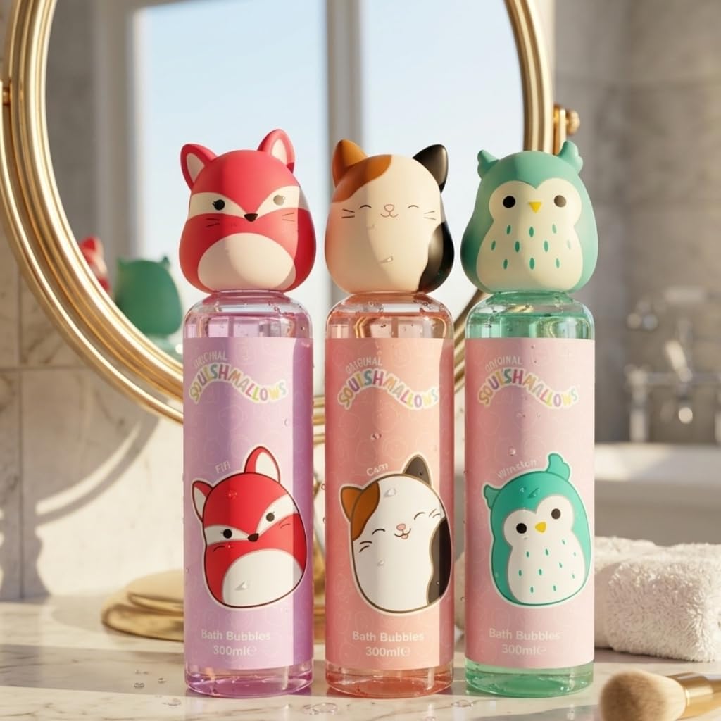 Squishmallows - Baño de burbujas para niños, 300 ml cada uno, Foxy Fruity, Cam Purrfect, Winston Feelin' Mallow, divertidas botellas coleccionables de personajes con tapas blandas
