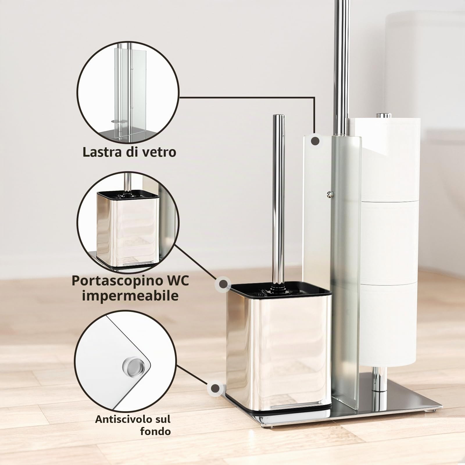 Porta Carta Igienica da Terra con Scopino - Acciaio Inox Piantana Portarotolo per WC, con Spazzolino, Vetro, Senza Forare, in Piedi (Argento)