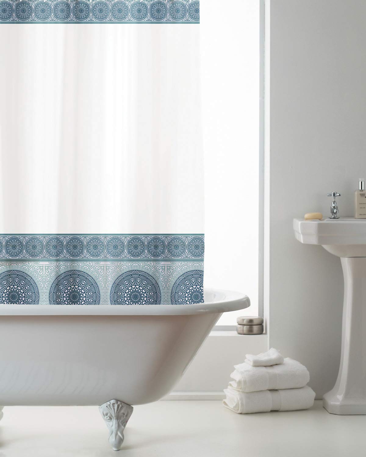 Country Club Blue Mandala Geometry Design Peva Shower Curtain With Rings Hooks 180 X 180Cm (Mandala )