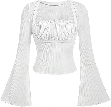 SKAYS Womens Bell Sleeve Top Gothic Victorian Shirt Long Sleeve Ribbed Square Neck Bow Y2K