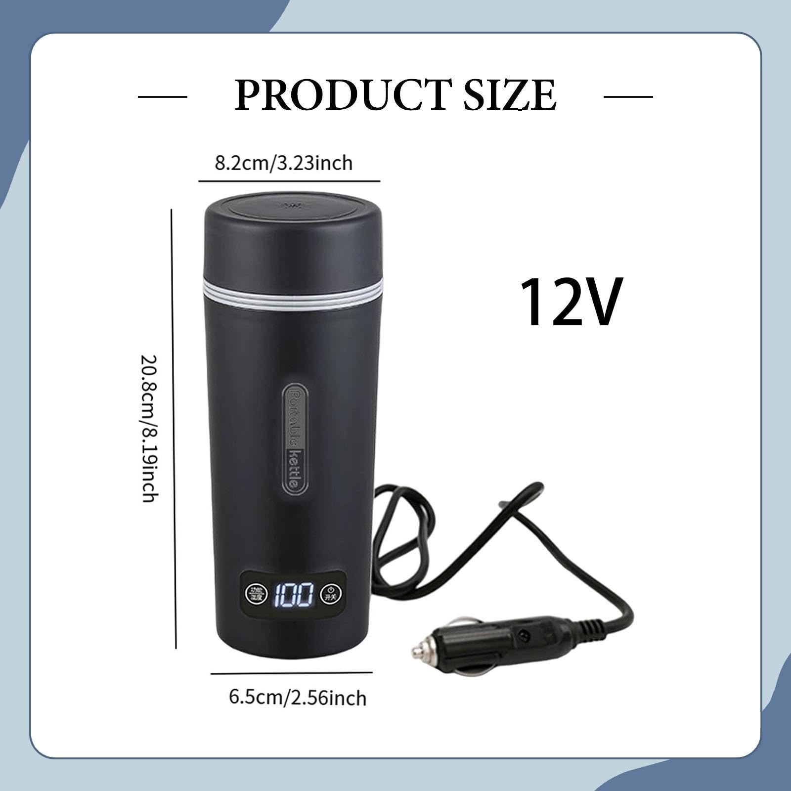 Carro Taza Calefactable Hervidor Eléctrico Botella Termo Portátil de Acero Inoxidable con Pantalla LED de Temperatura Y Diseño Compacto Adecuado para, 12 V para Coche, Individual
