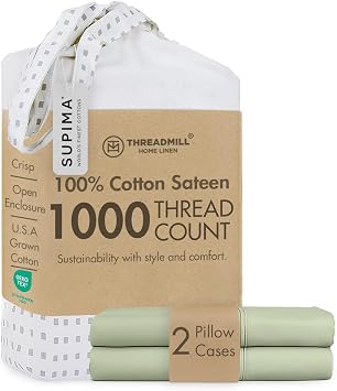 Threadmill Luxury Pillow Cases Standard Size Set of 2 | 1000 Thread Count 100% USA Supima Cotton Sheets | Soft Solid Sateen, Breathable Pillow Covers Fits Queen Pillows | Sage Green