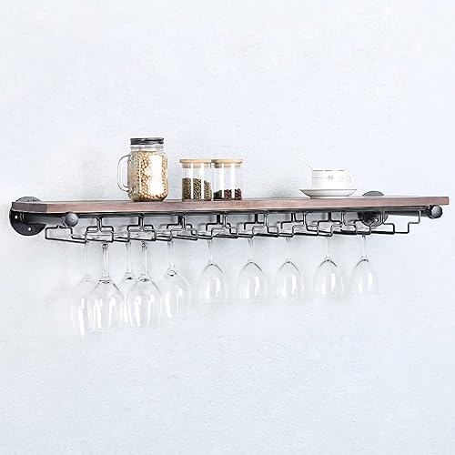 Miniatura 5 de Estante de vino industrial montado en la pared con soporte para 5 vidrios,Estante flotante para copas de vino,Estantería de tubo de 36 pulgadas para