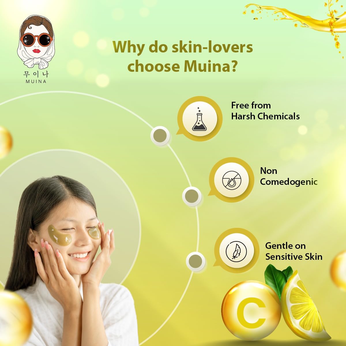 MUINA Vita-C Hydro-Gel Eye Patch with serum for Brightening & Dark Circles | Revitalising Under Eye Masks with Vitamin C | 60 Patches (30 Pairs) | Hydrating & Glow-Boosting K-Beauty 4